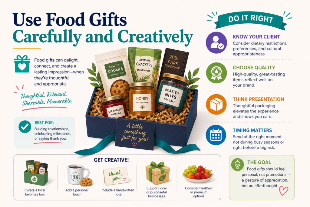 A good snack box, dessert, coffee set, tea kit, or meal delivery can feel warm and generous. Food also works well for teams because it can be shared. But food gifts can also feel generic if they are chosen without care. They can also create problems if you ignore diet, culture, allergies, alcohol preferences, or shipping conditions.