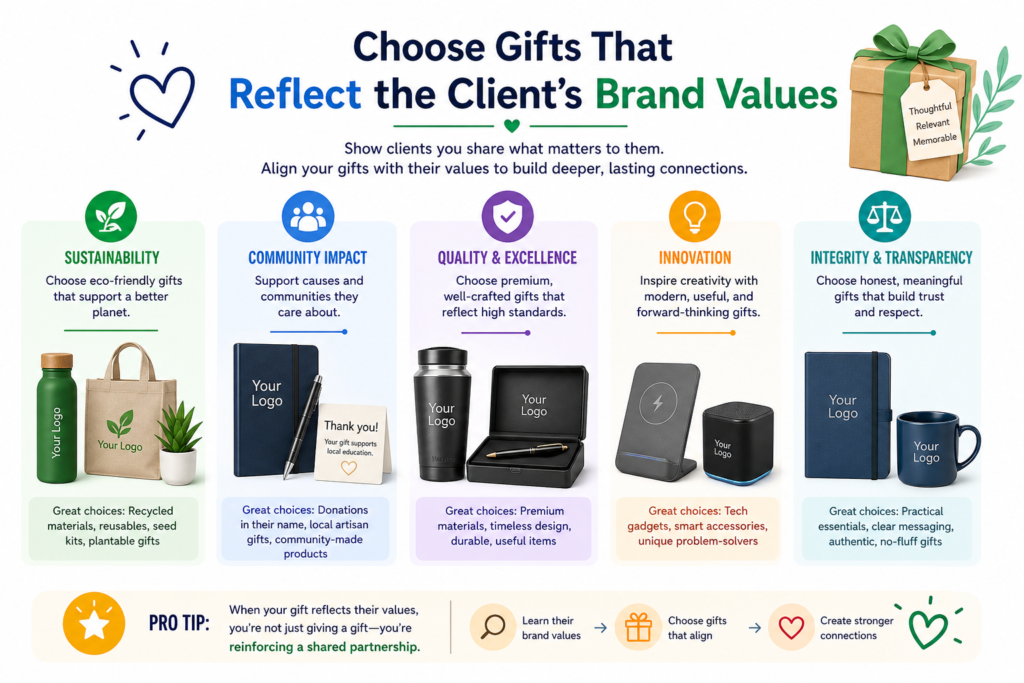 This is where many businesses miss a big chance. They choose gifts based only on what they like, not what the client’s brand stands for. But if your client has clear values, your gift should respect them.