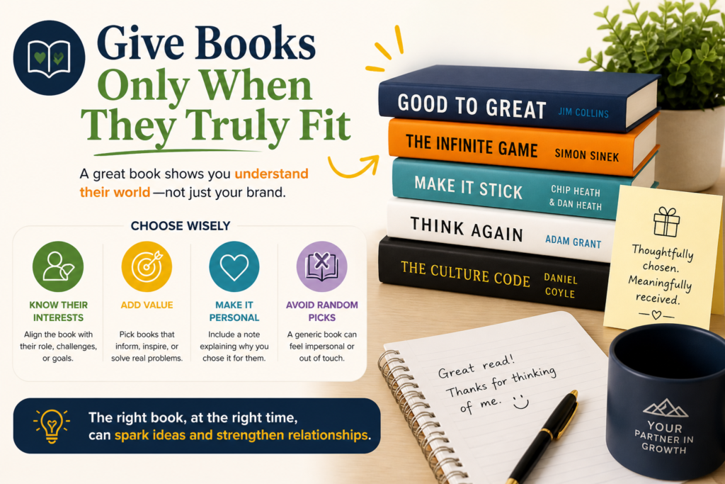 A book can feel smart, useful, and personal. It can also feel preachy, random, or like homework. The difference is fit. You should only give a book when it connects clearly to the client’s interests, goals, role, or recent conversations.