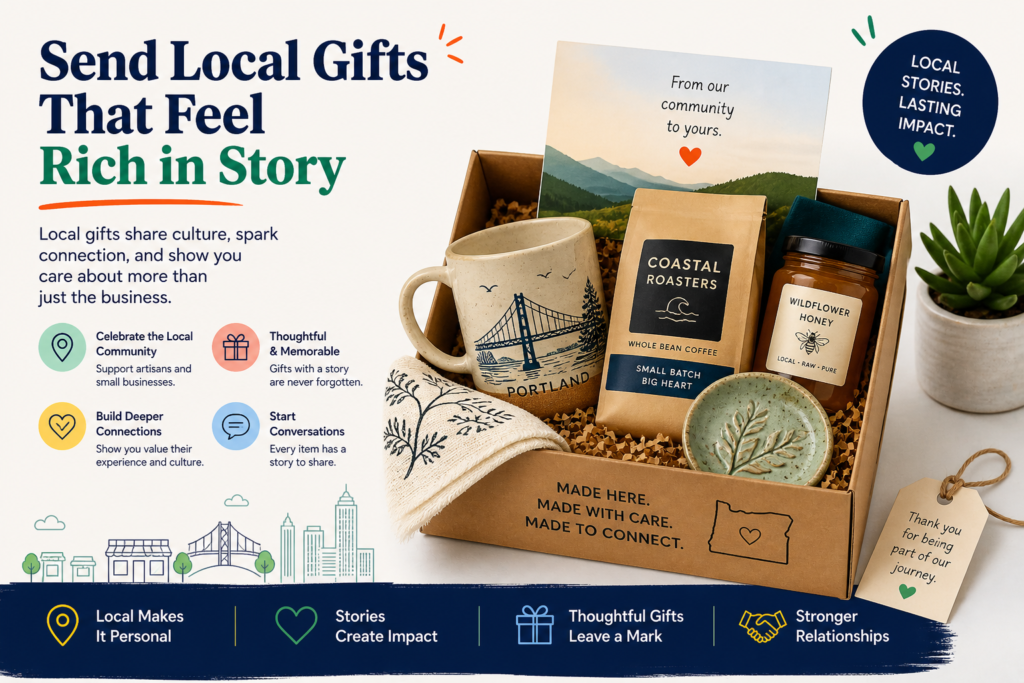 A local gift may come from your city, the client’s city, or a place connected to the work you did together. It could be food, art, stationery, coffee, tea, handmade goods, or a small object from a local maker. The value comes from the story behind it.