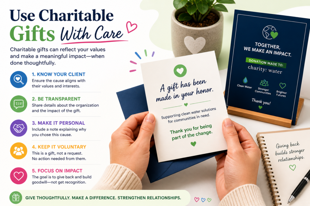 They can also feel empty if they are used as a public relations move. The client should never feel like you made a donation just so you could talk about your own goodness. The gift should connect to the client’s values, the relationship, or a cause that makes sense for the moment.
