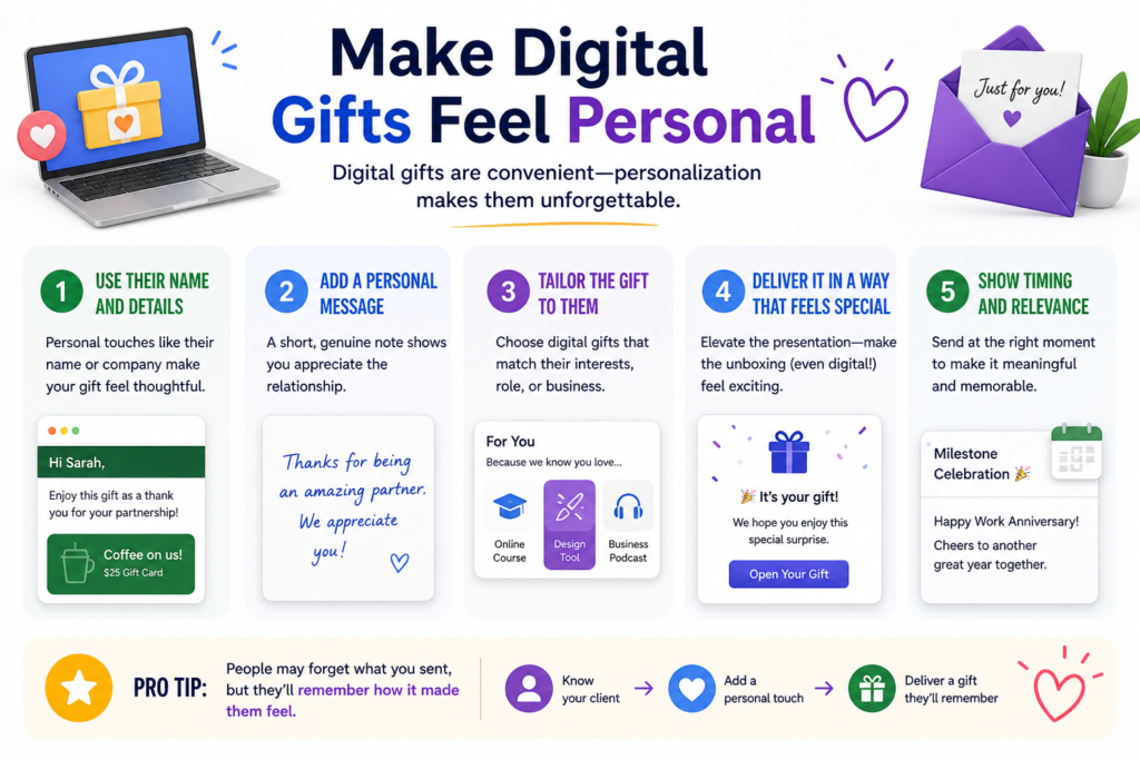 But they can also feel cold. A gift card sent by email with a plain message may be convenient, but it rarely feels memorable. To make digital gifts work, you need to add thought, timing, and personal context.