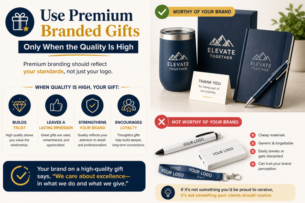 There is a big difference between a tasteful item with subtle branding and a cheap giveaway covered in a logo. Clients can feel that difference at once. When a branded item is low quality, it does more harm than good. It makes your brand feel cheap, even if your services are not.