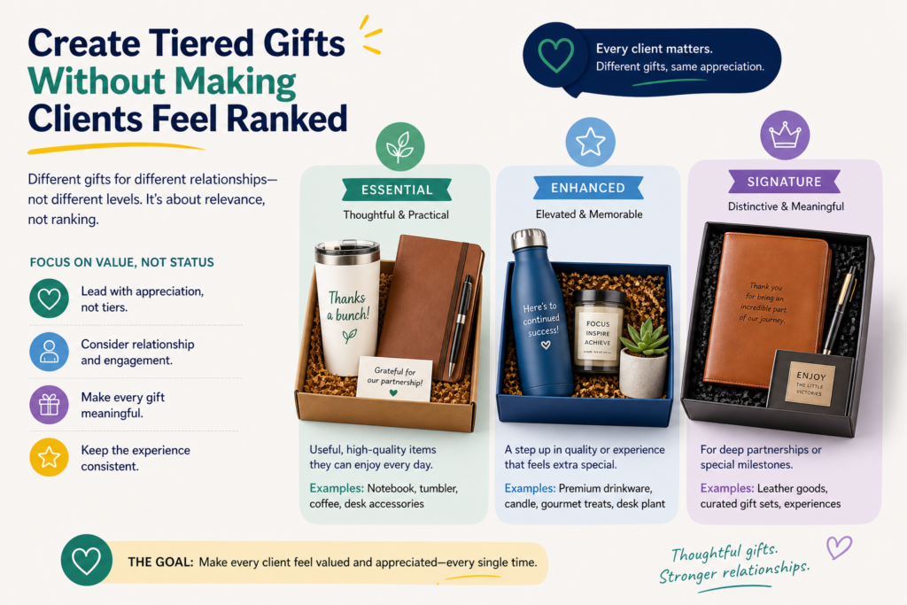 You may have small clients, large clients, referral partners, long-term clients, new clients, and past clients. It may not be possible or wise to send the same gift to everyone. A tiered gifting plan helps you control budget and match the gift to the relationship.