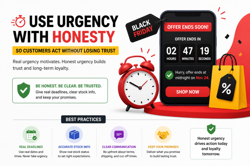 Urgency is one of the most common Black Friday tactics. It works because customers know the sale will not last forever. They also know that some products may sell out. A clear deadline can help people stop delaying and make a decision.