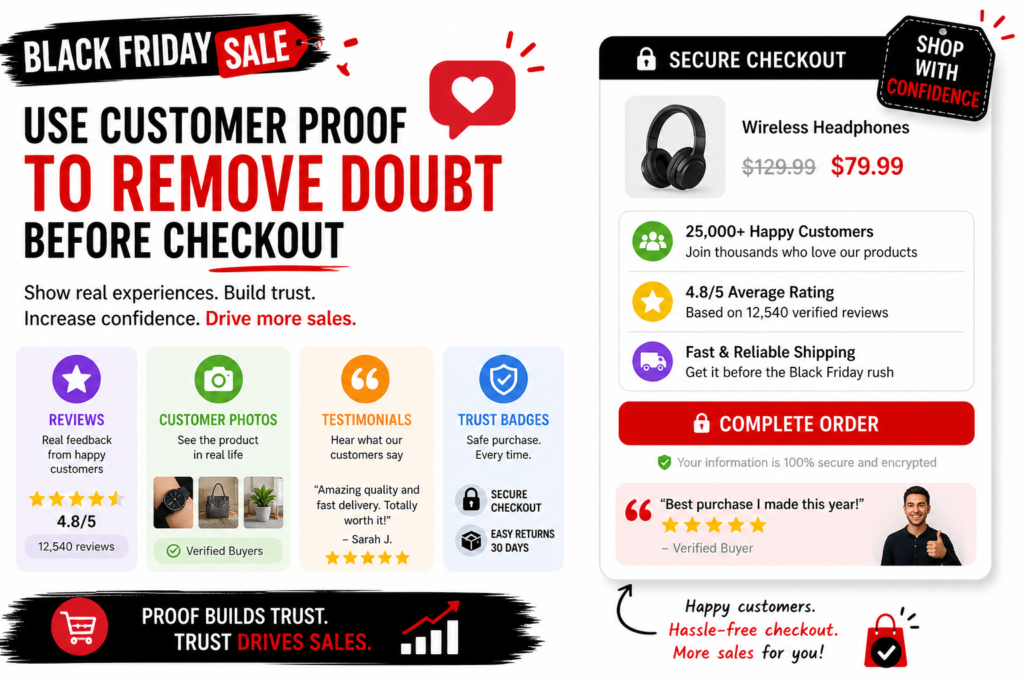 Black Friday buyers move fast, but they still need trust. A discount can get attention, but proof helps close the sale. Customers want to know if your product works, if your service is reliable, if your shipping is smooth, and if other people are happy after buying.