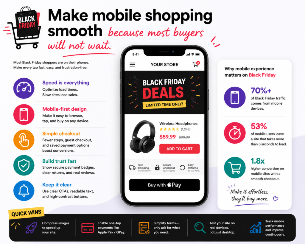 A strong Black Friday campaign can fall apart on a weak mobile experience. Many customers will see your email on their phone, tap an ad on their phone, browse products on their phone, and even complete checkout on their phone. If that path feels slow or messy, you lose sales that your marketing already worked hard to win.