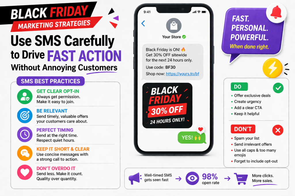 SMS can be a strong Black Friday channel because people see text messages quickly. An email may sit unopened, but a text often gets noticed within minutes. That makes SMS useful for early access, sale launch alerts, stock updates, and final reminders.