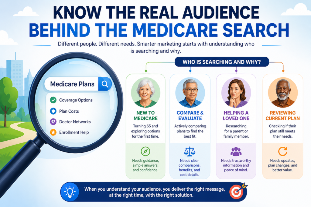 TheMedicare audience is not one single group. That is where many campaigns go wrong. A 64-year-old turning 65 is not thinking the same way as a 72-year-old who is unhappy with a current plan.