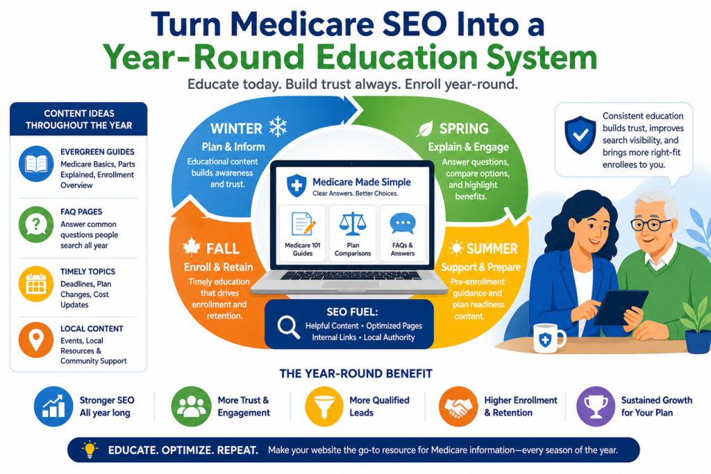 SEO is one of the strongest channels for Medicare plan marketing because people search when they have real questions. They do not wake up wanting to speak with an insurance agent. They wake up wondering if their doctor is covered, if dental is included, if their medicine will cost less, or if they can change plans this year.
