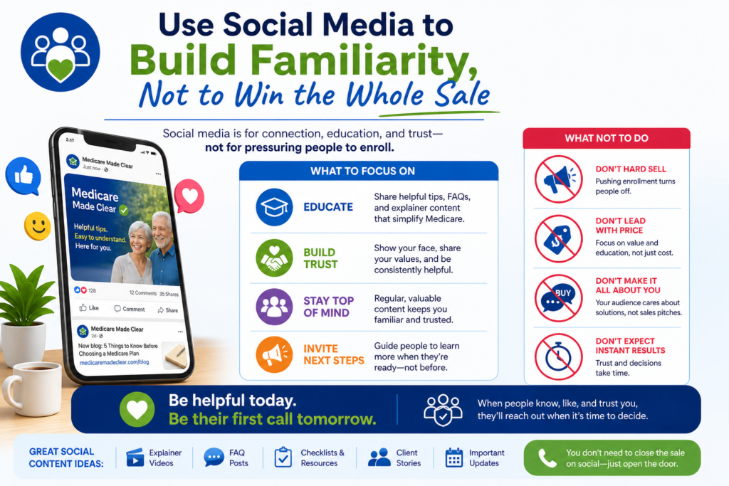 Social media is not always the place where someone makes a final Medicare decision. But it can be a strong place to build familiarity, answer common questions, and make your brand feel more human.