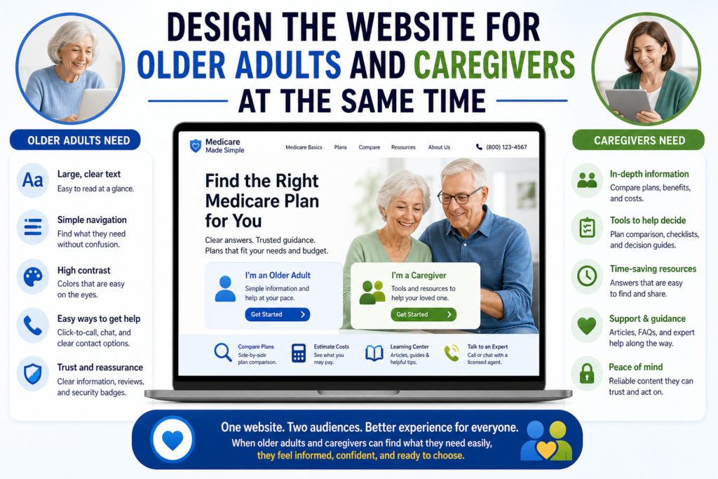 Older adults may visit the site directly. Caregivers may visit it on behalf of a parent. Agents may send people to specific pages. Paid ads may send traffic to landing pages. SEO may bring visitors into blog posts. Each path should feel smooth.