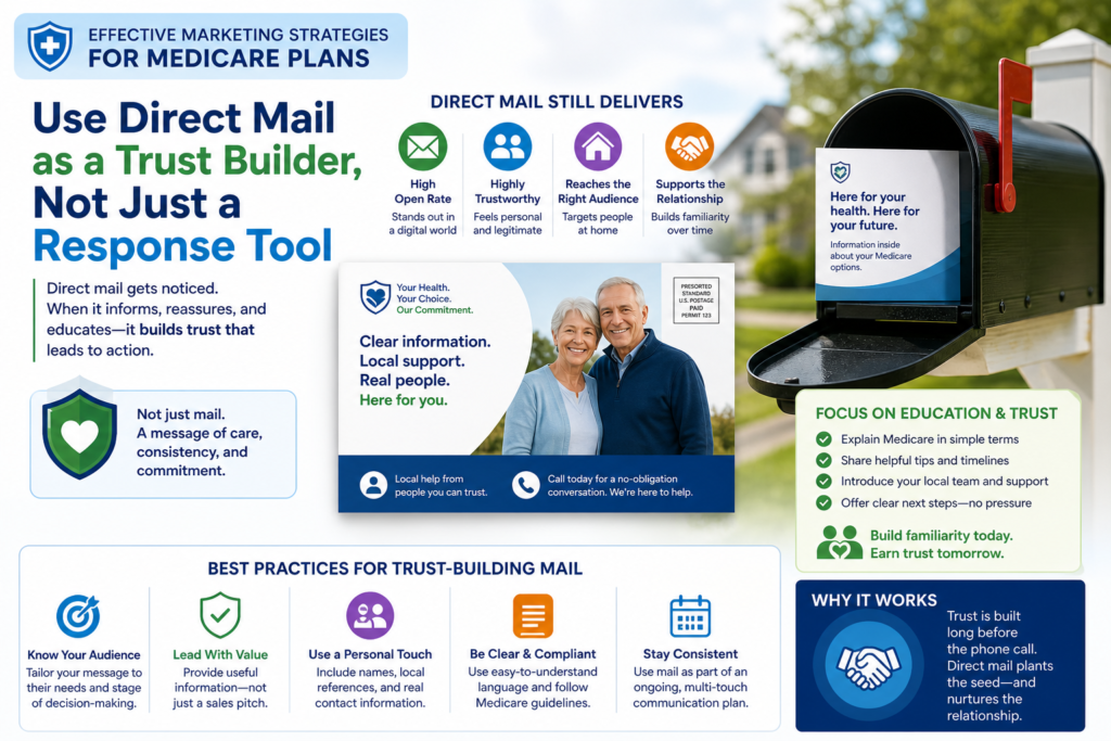 Direct mail still has a place in Medicare marketing because many older adults are used to receiving important health and insurance information through the mail. A well-made mail piece can feel more real than a digital ad, especially when it is clear, calm, and useful.