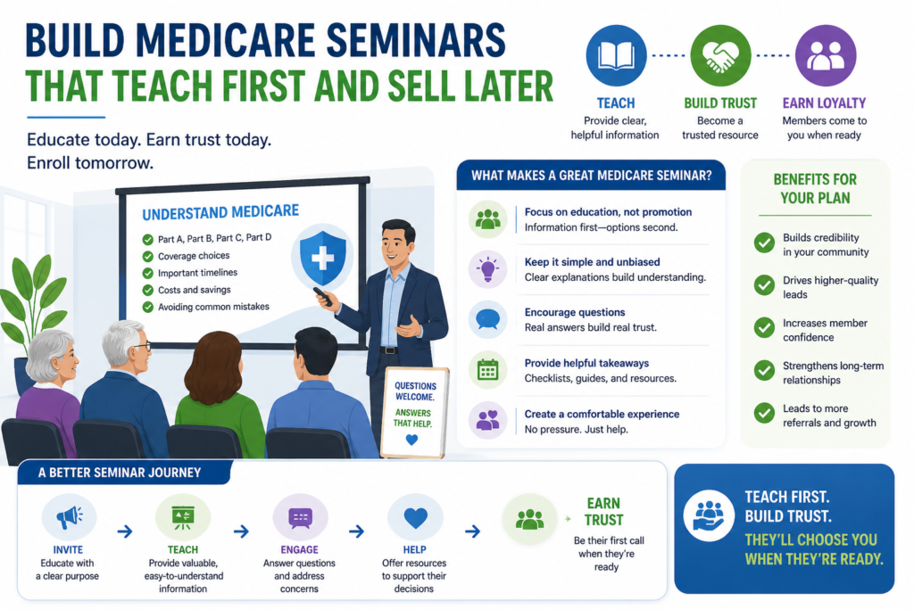 Seminars can be powerful in Medicare marketing because they create space for education. People can listen, ask questions, and see the advisor’s style before making a private decision.
