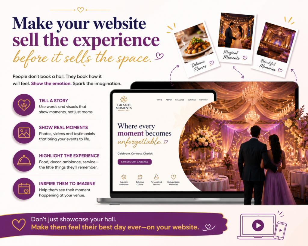 A banquet hall website should do much more than display photos, packages, and contact details. It shouldguide visitors from interest to inquiry. Many people who land on your website are not ready to book right away. They are comparing options. They are checking if your hall fits their event. They are trying to sense whether your team is reliable.