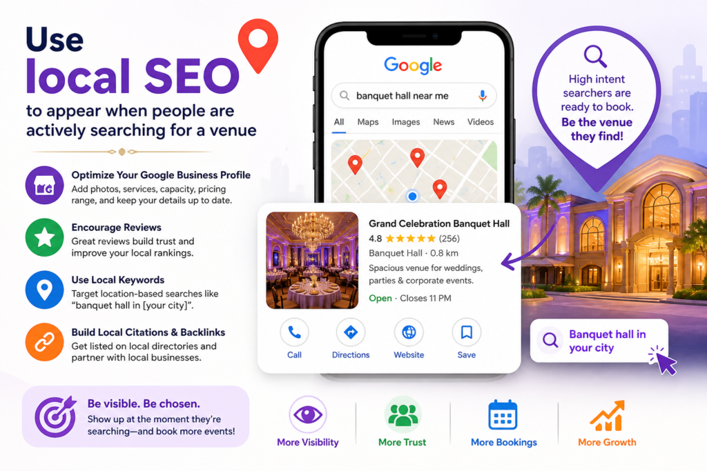 Local SEO is one of the most important marketing channels for banquet halls because most people search for venues near a specific area. They may search for “banquet hall near me,” “wedding hall in Andheri,” “party hall near Rajouri Garden,” or “reception venue in Noida.” These searches often come from people who are already serious.