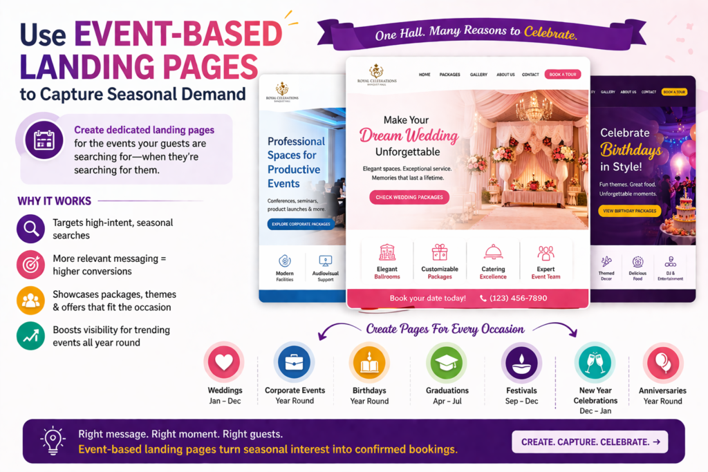 Banquet hall demand changes throughout the year. Wedding seasons, festival periods, school functions, corporate year-end events, holiday parties, and social celebration months can all bring different types of leads. If your marketing uses the same message all year, you may miss these chances.