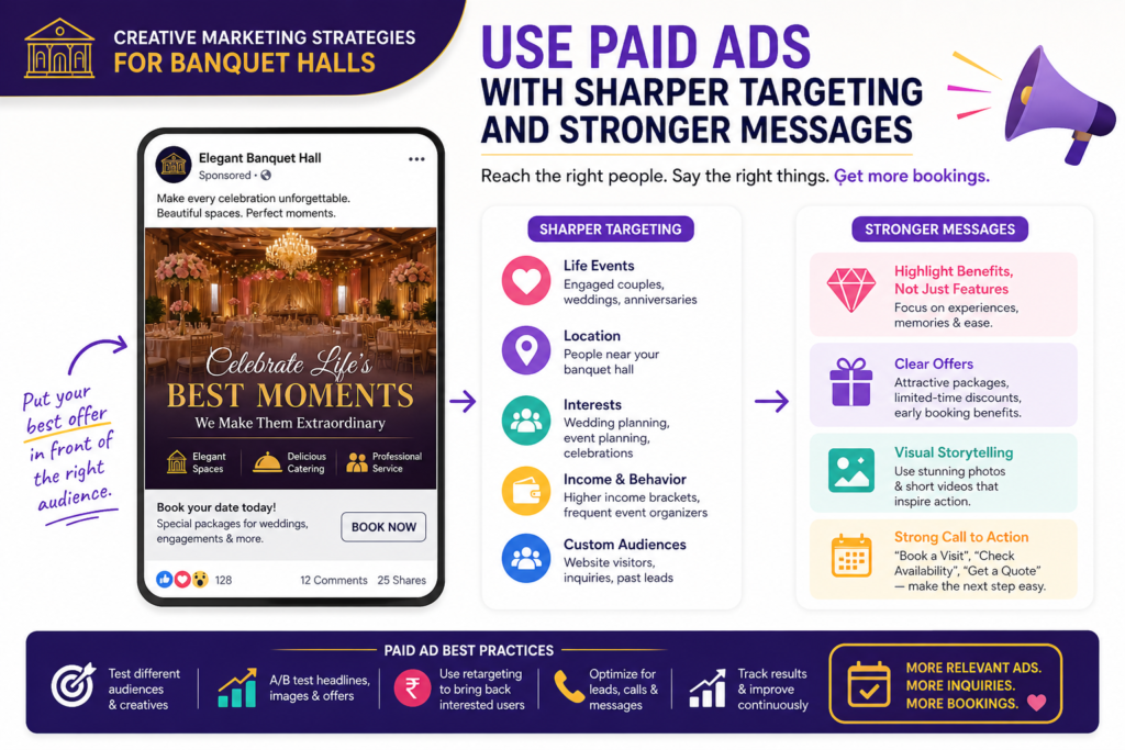 Paid ads can work very well for banquet halls, but only when they are built with clear targeting and strong messages. Many halls waste money because they run broad ads with generic photos and weak captions. The ad says the venue is beautiful, affordable, or perfect for all events. That is not enough.
