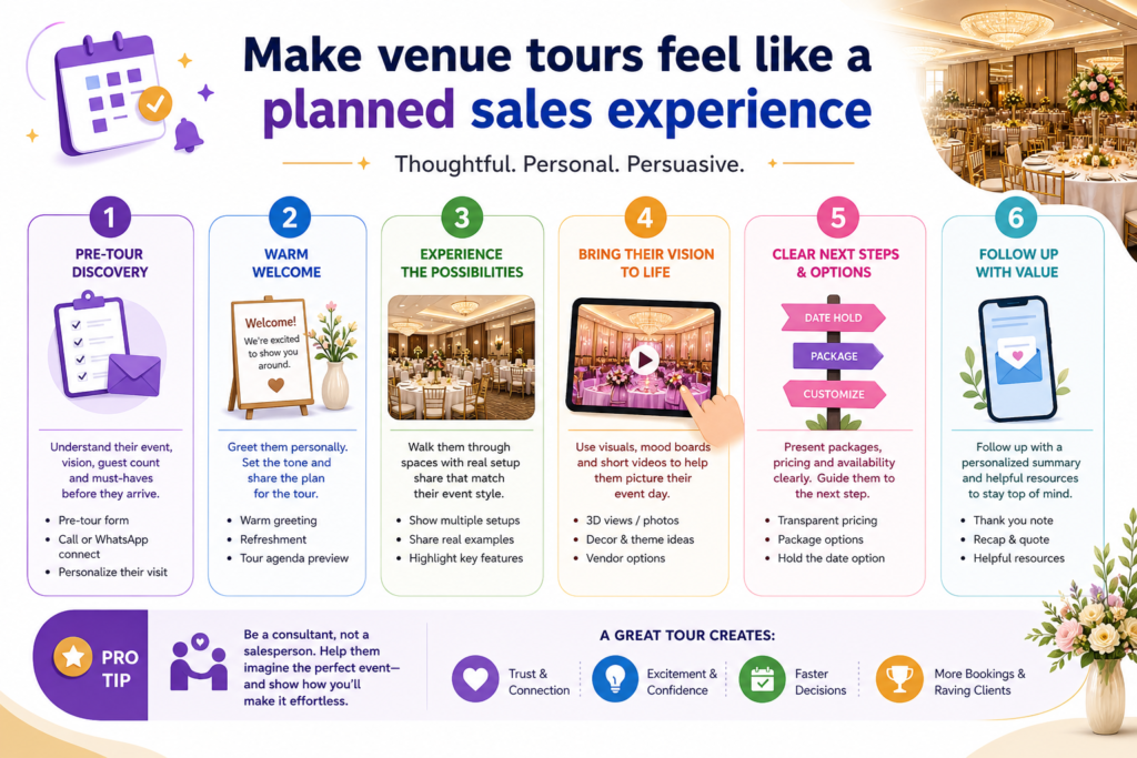 A venue tour is one of the most important moments in the sales process. By the time someone visits your banquet hall, they are already interested. But interest does not always turn into a booking. The tour must build confidence, answer doubts, and help the customer imagine their event clearly.