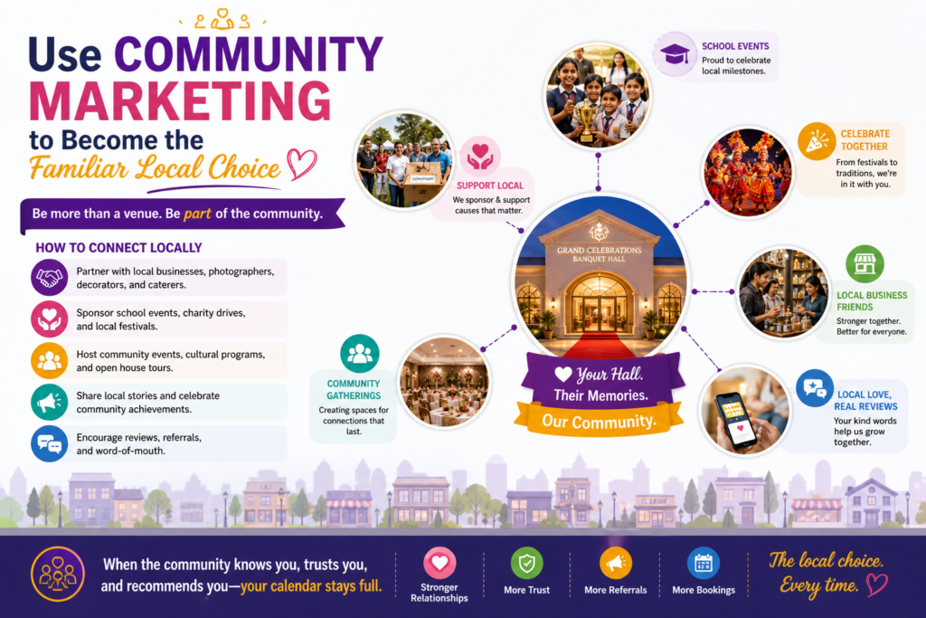 Banquet halls are local businesses. Even if your ads reach people online, many bookings still come from trust built in the local area. People often choose venues that feel known, safe, and familiar. This is why community marketing can be very powerful.