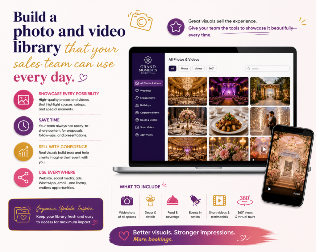 A banquet hall should not treat photos and videos as content for social media only. They are also sales tools. When someone asks about your venue, your team should not waste time searching through old folders, random phone galleries, or messy WhatsApp chats. They should have a clean library of visuals ready to share.