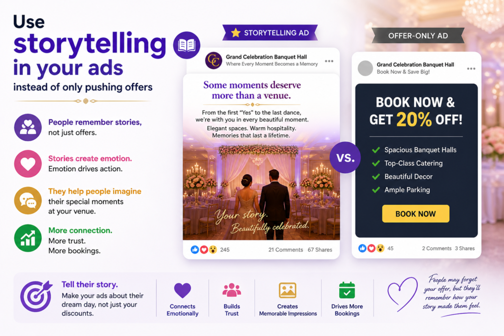 Most banquet hall ads look like simple announcements. They say the hall is available, packages are open, discounts are running, or bookings have started. These ads can work sometimes, but they often feel flat because they do not create emotion.