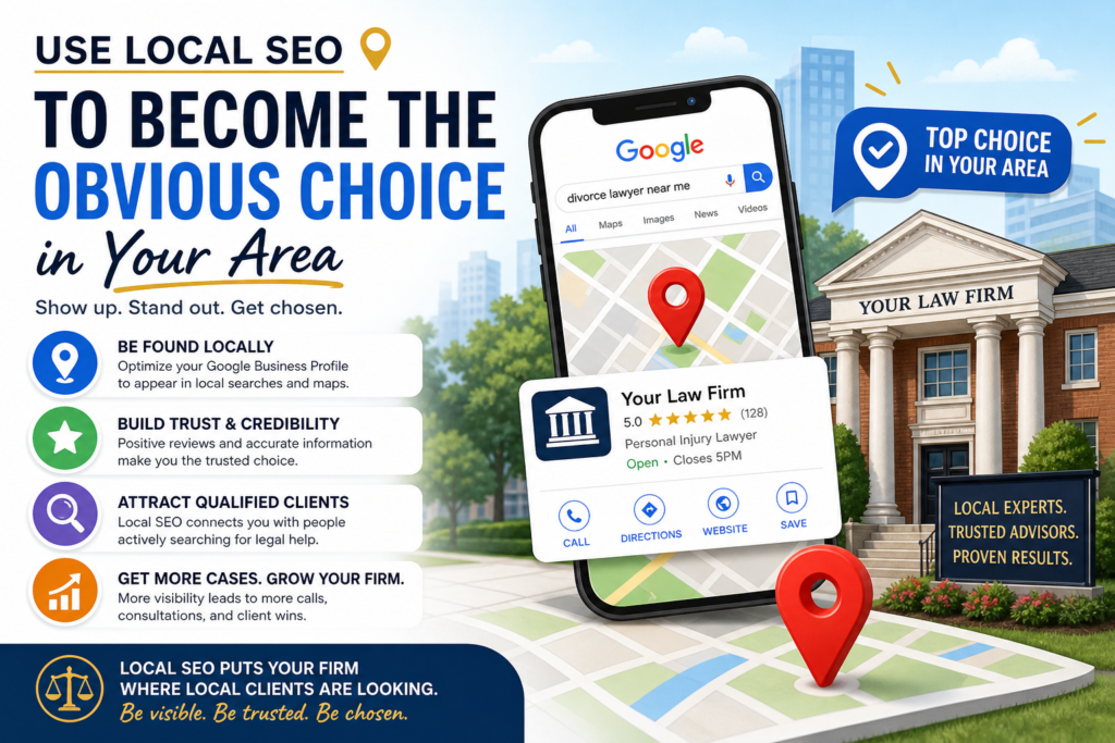 Most law firm growth starts close to home. Even if your firm can serve clients across a wider region, many people still search with local intent. They type phrases like “divorce lawyer near me,” “personal injury attorney in Chicago,” or “estate planning lawyer in Tampa.”