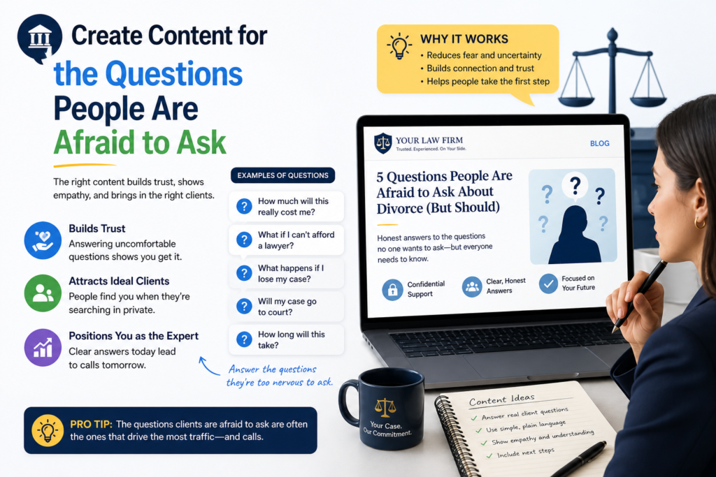Some of the best law firm content comes from questions clients feel embarrassed to ask. These questions often carry fear, shame, money worries, or confusion. If your firm answers them clearly, you can build a deep level of trust.