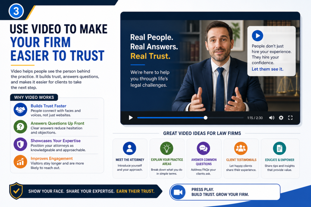 Video can be powerful for law firms because trust is personal. Before someone calls, they may want to know what it feels like to hear from you. They may want to see whether you explain things clearly. They may want to know if you seem calm, confident, and approachable.