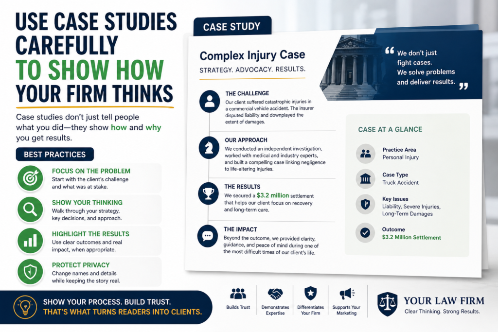 Case studies can be very useful in law firm marketing, but they must be handled with care. Legal work involves privacy, rules, and facts that should not be shared without permission. You should never reveal details that could harm a client or break professional rules.