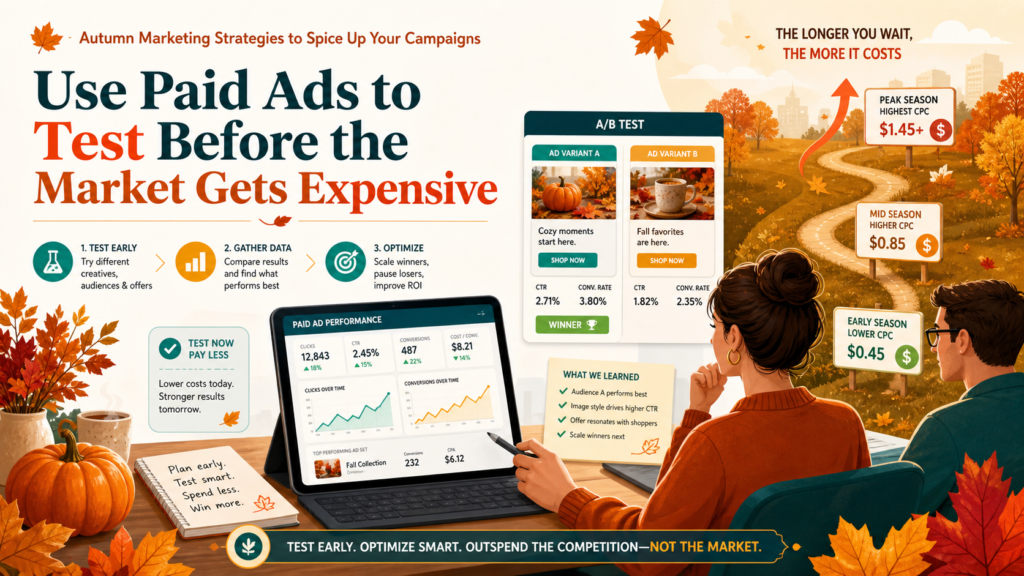Autumn is a smart time to test paid ads because competition usually rises as the holiday season gets closer. If you wait until peak weeks to test your message, audience, offer, and landing page, you may waste money when clicks are more expensive. Autumn gives you a better window to learn.