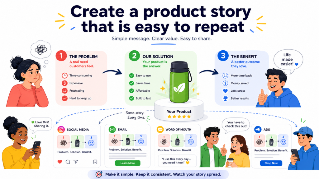 People remember stories better than plain claims. A story gives your product meaning. It helps customers understand where your product fits and why it exists.