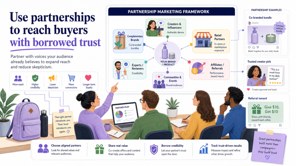 Partnerships are one of the most underused creative marketing strategies. A good partnership helps your product reach people through a source they already trust. This can make attention easier to earn and trust faster to build.