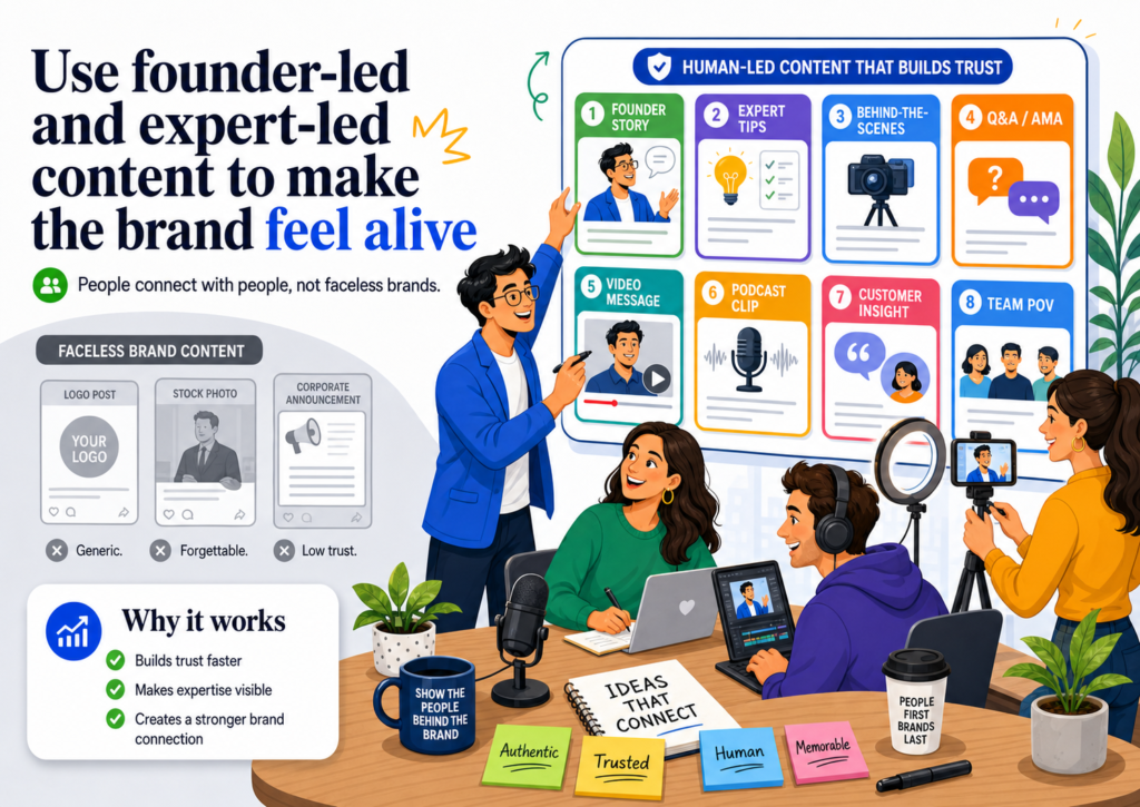 A brand page can share useful content, but a real person can share opinions, lessons, mistakes, stories, and sharper insights in a way that feels more alive. Buyers want to know who is behind the service. They want to know how that person thinks. They want to know whether they can trust the judgment behind the brand.