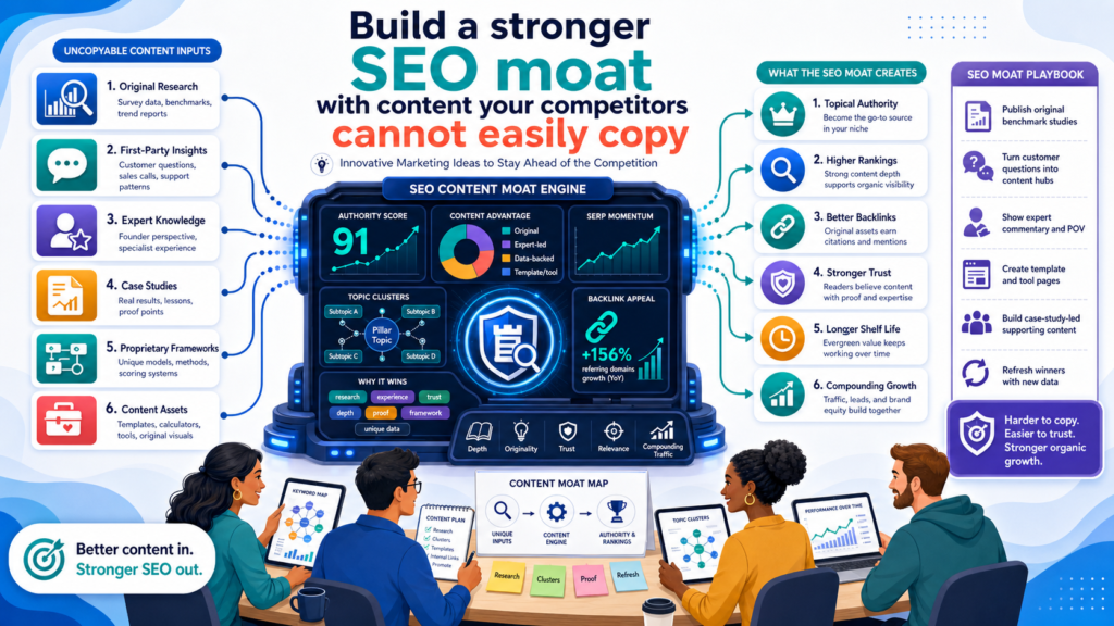 A stronger SEO strategy is built around a moat. A moat is something that makes your content harder to copy. It could be your data, your examples, your process, your customer insight, your point of view, your expert opinions, or the way you explain hard topics in simple words.