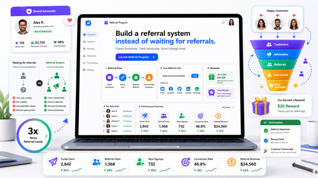 A referral system makes it easier for happy customers, partners, and supporters to recommend you at the right time. It does not force people. It simply removes friction.