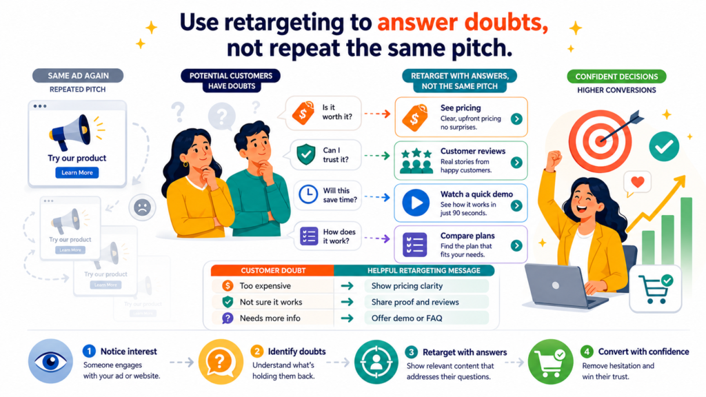 Retargeting is often wasted because brands use it like a reminder machine. Someone visits a page, leaves, and then sees the same ad again and again.