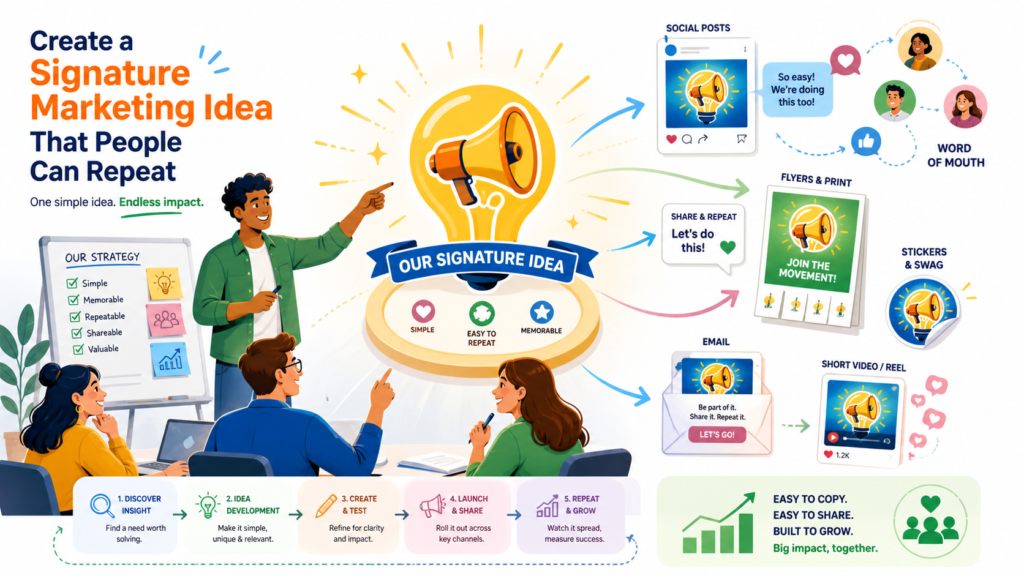 A signature idea is a named concept, phrase, method, or belief that belongs to your brand. It gives people an easy way to remember you and talk about you. It can be a framework, a process, a rule, a score, a method, or even a sharp phrase that captures your way of working.