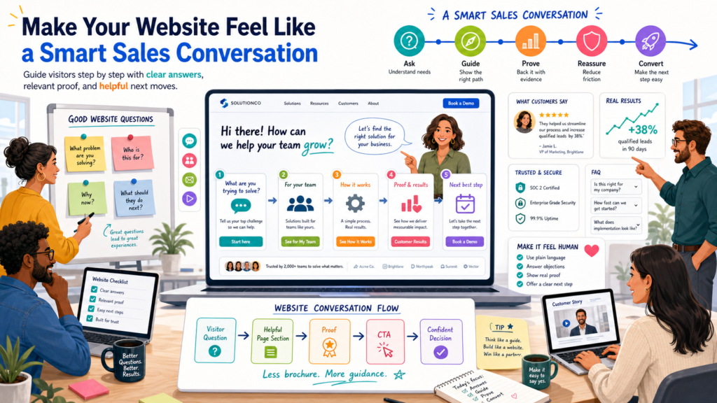 It should feel like a strong sales conversation that happens before your team ever speaks to the buyer. When someone lands on your site, they should quickly understand who you help, what problem you solve, why your approach is different, and what they should do next.
