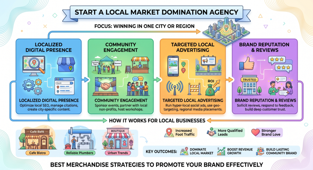 A local market domination agency helps businesses win attention, trust, search visibility, reviews, and referrals in a specific city or region. This is different from a normal local SEO agency because the focus is bigger than rankings. The goal is to help the business become known and trusted in its local market.