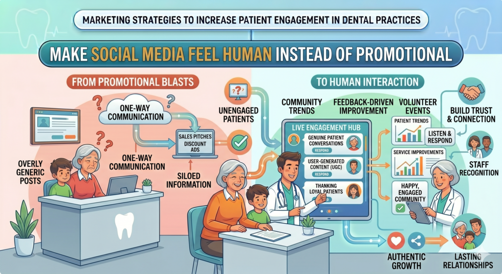 People do not follow dental practices because they want ads. They follow because they want useful tips, local connection, friendly reminders, and a sense of who your team is.