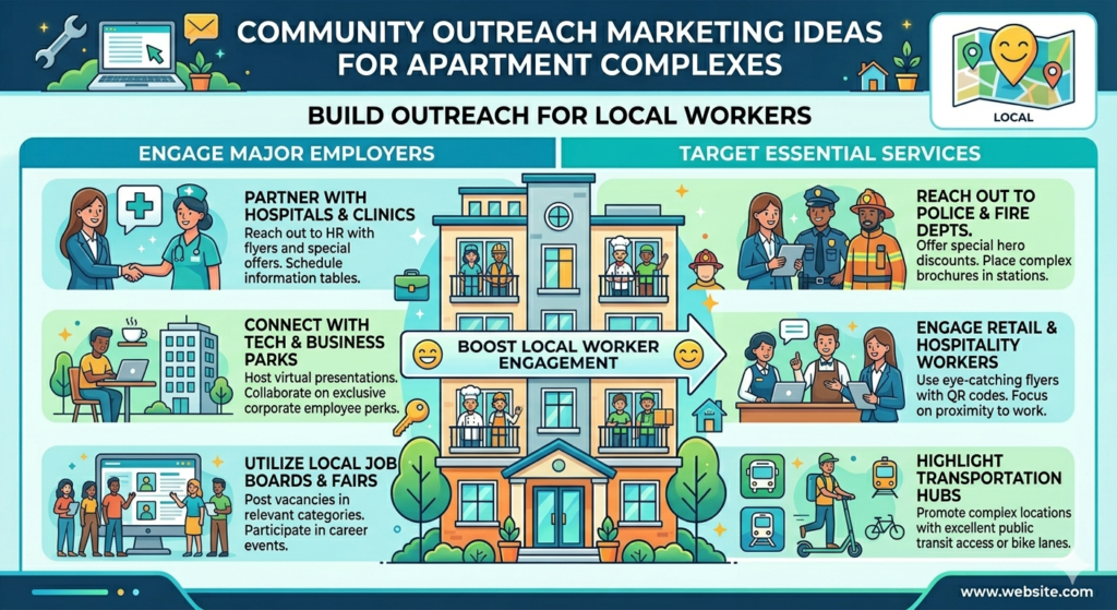Many apartment complexes are close to employers, hospitals, schools, retail centers, warehouses, offices, or business districts. These nearby workplaces can be a steady source of renters if your outreach is thoughtful.