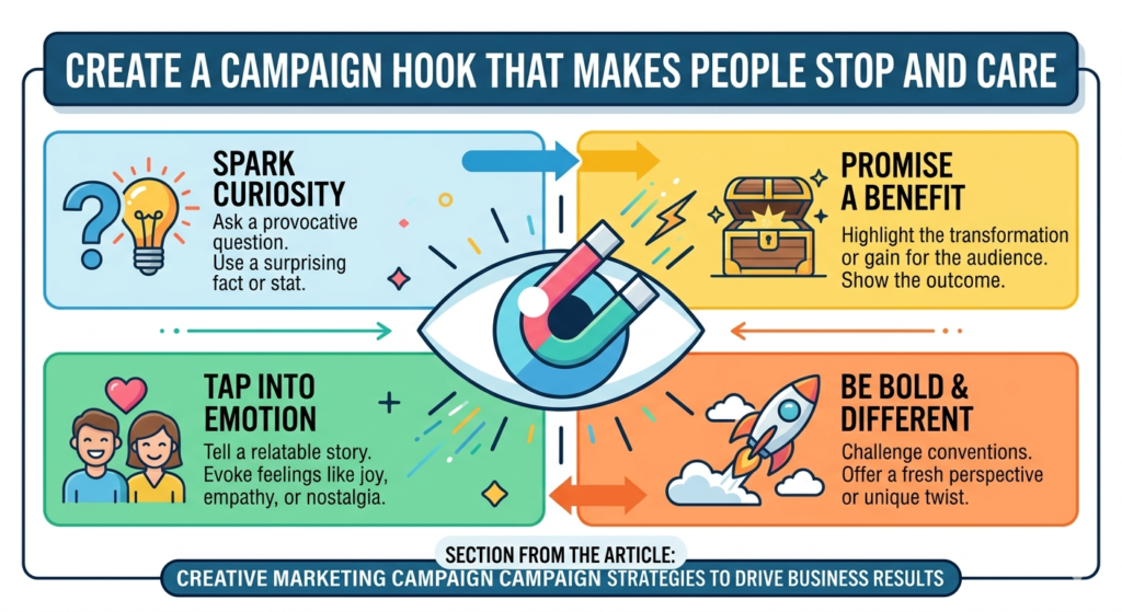 A campaign hook is the first idea that pulls people in. It is the part of the message that makes someone pause instead of scrolling past, closing the email, or ignoring the ad. Without a strong hook, even the best offer can stay unseen.