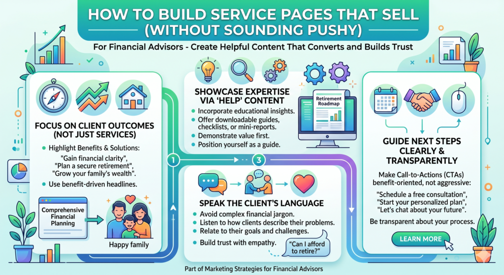A service page should help a prospect understand the problem, the cost of waiting, the value of solving it, your approach, and what the next step looks like. It should make the reader feel smarter and safer.