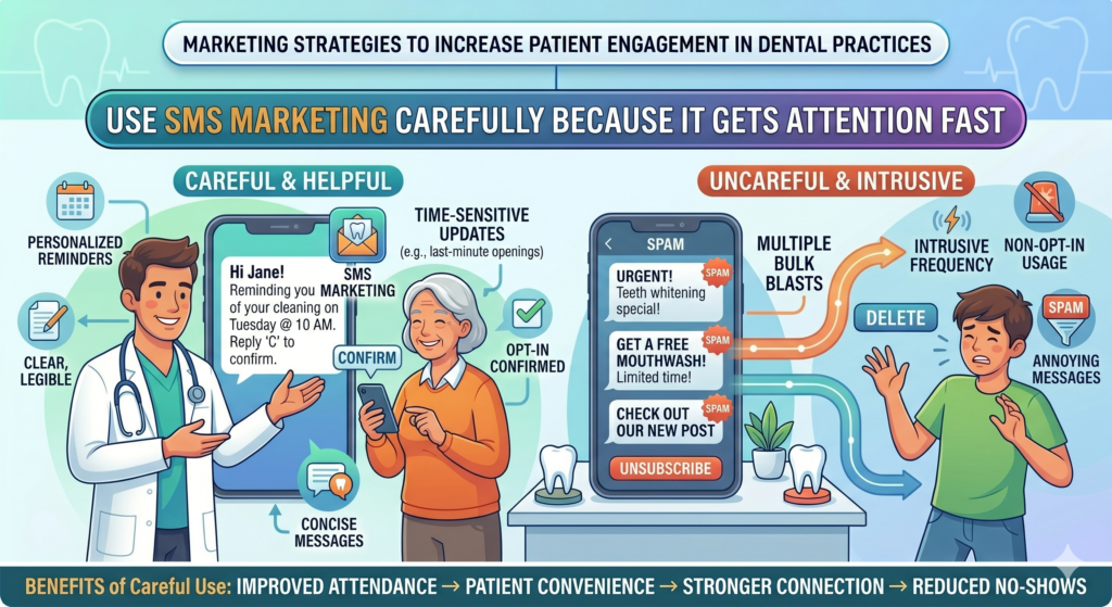 Text messages can be powerful for dental practices because patients usually see them quickly. But that power comes with responsibility. If your texts feel too frequent, too cold, or too promotional, patients may opt out or ignore you.