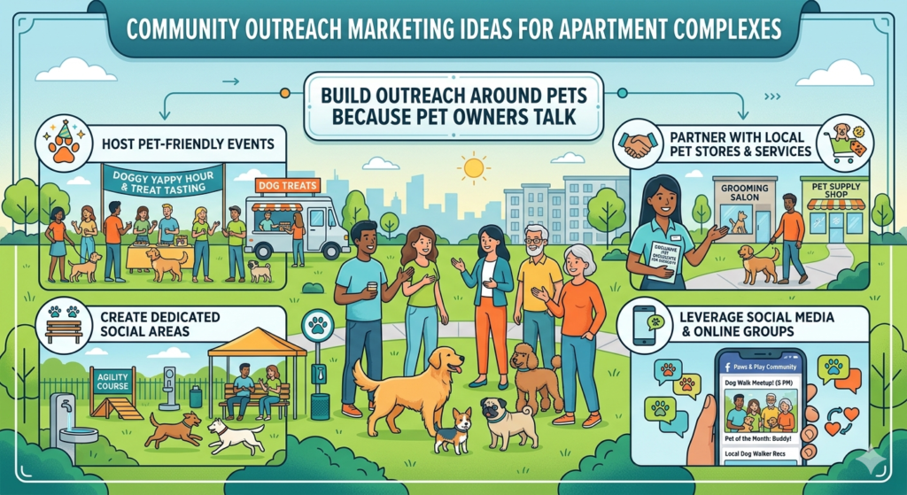 Pet owners are often some of the most active local community members. They walk around the area, visit parks, use local groomers, ask for vet recommendations, and talk to other pet owners. That makes pet outreach a smart path for apartment complexes, especially if your property is pet-friendly.