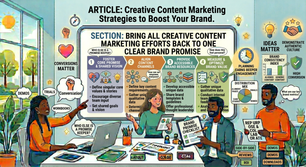 You can create research, stories, videos, guides, tools, case studies, emails, social posts, visuals, webinars, comparison pages, and more. But all of it should connect back to one clear promise.
