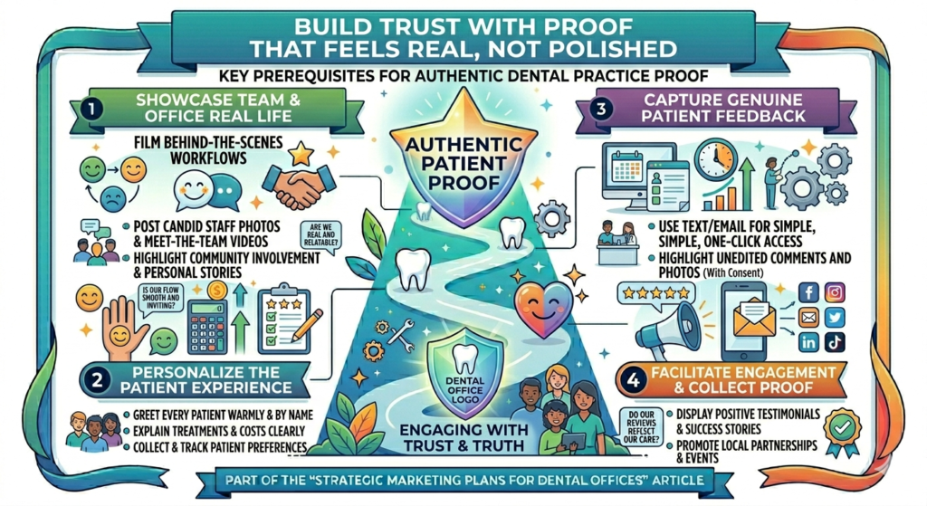 Proof can come from reviews, photos, before-and-after examples, patient stories, dentist credentials, case explanations, community involvement, and clear process details. But proof must feel real. If it feels too polished or vague, it loses power.