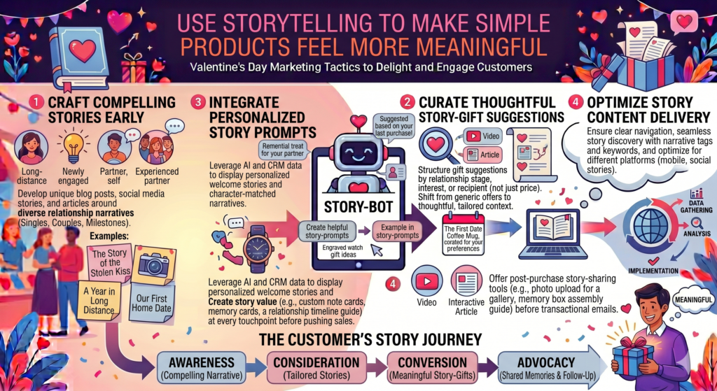 Valentine’s Day is one of the best times to use storytelling because the holiday is already emotional. But storytelling in marketing does not mean writing long, dramatic copy. It means giving the customer a small scene they can picture.