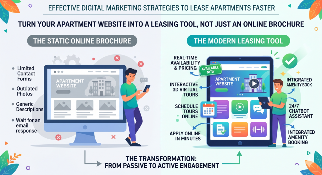 Many apartment websites are built like online brochures. They show photos, list amenities, share a phone number, and include a contact form. That is useful, but it is not enough when renters are comparing many properties at once.